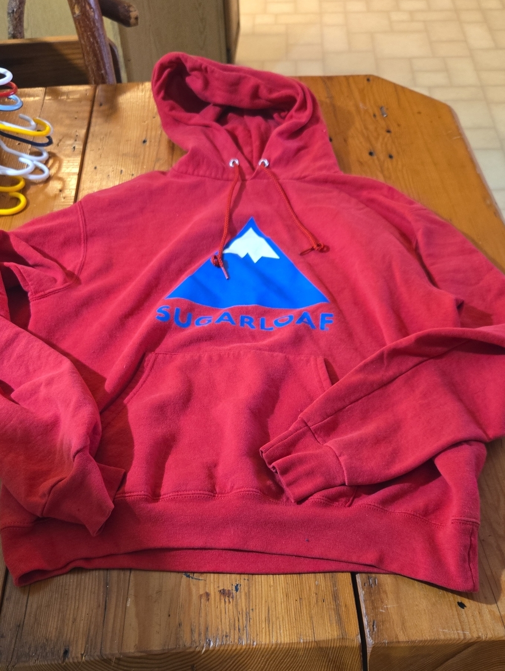 Champion Red Hooded Sweatshirt with Blue Mountain Logo Sugarloaf Usa Sz M